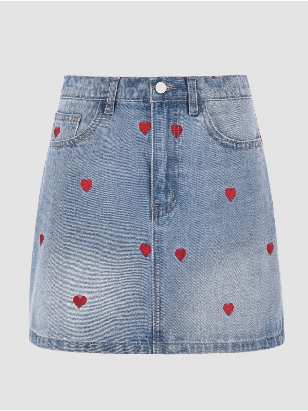🌼 Cider - Light Blue Denim Mini Skirt with Red Heart Embroidery